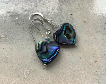 Abalone earrings, paua shell earrings, shell and sterling silver earrings, Abalone heart earrings, heart earrings, artisan jewellery