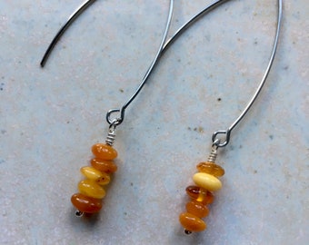 Amber drop earrings, golden amber earrings, vintage amber and stainless steel earrings