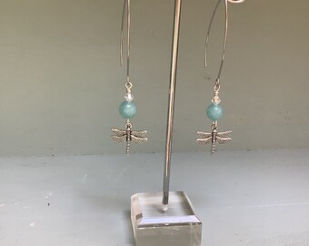 Dragonfly, gem and Swarovski crystal drop earrings, duck egg blue earrings, blue gem and silver dragonfly charm on stainless steel earrings