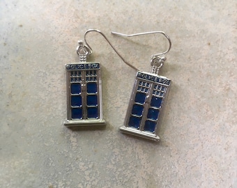 Tardis earrings, Dr Who earrings, Dr Who jewellery, Dr Who themed jewellery, Tardis jewellery, Dr Who fan gift.