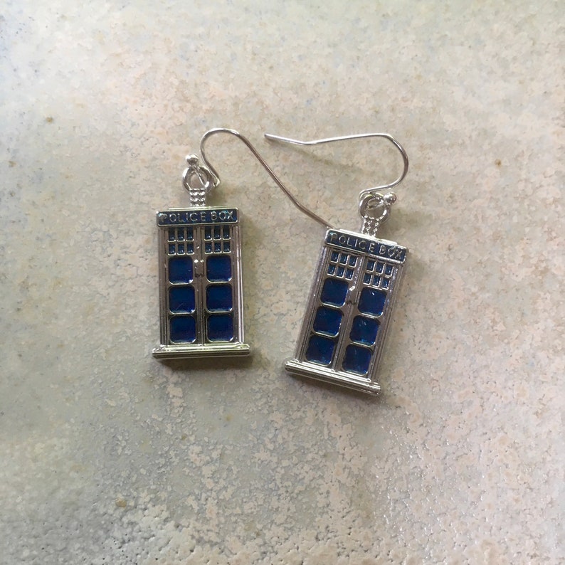 Tardis earrings, Dr Who earrings, Dr Who jewellery, Dr Who themed jewellery, Tardis jewellery, Dr Who fan gift. image 1