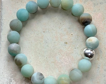 Amazonite stretchy bracelet, sea coloured bead and sterling silver bracelet, sea glass colour gem jewellery, easy to wear jewellery.