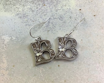 Initial earrings, letter jewellery, initial B earrings, B earrings gift, Tibetan silver B earrings, perfect for a friend, sister, mother.