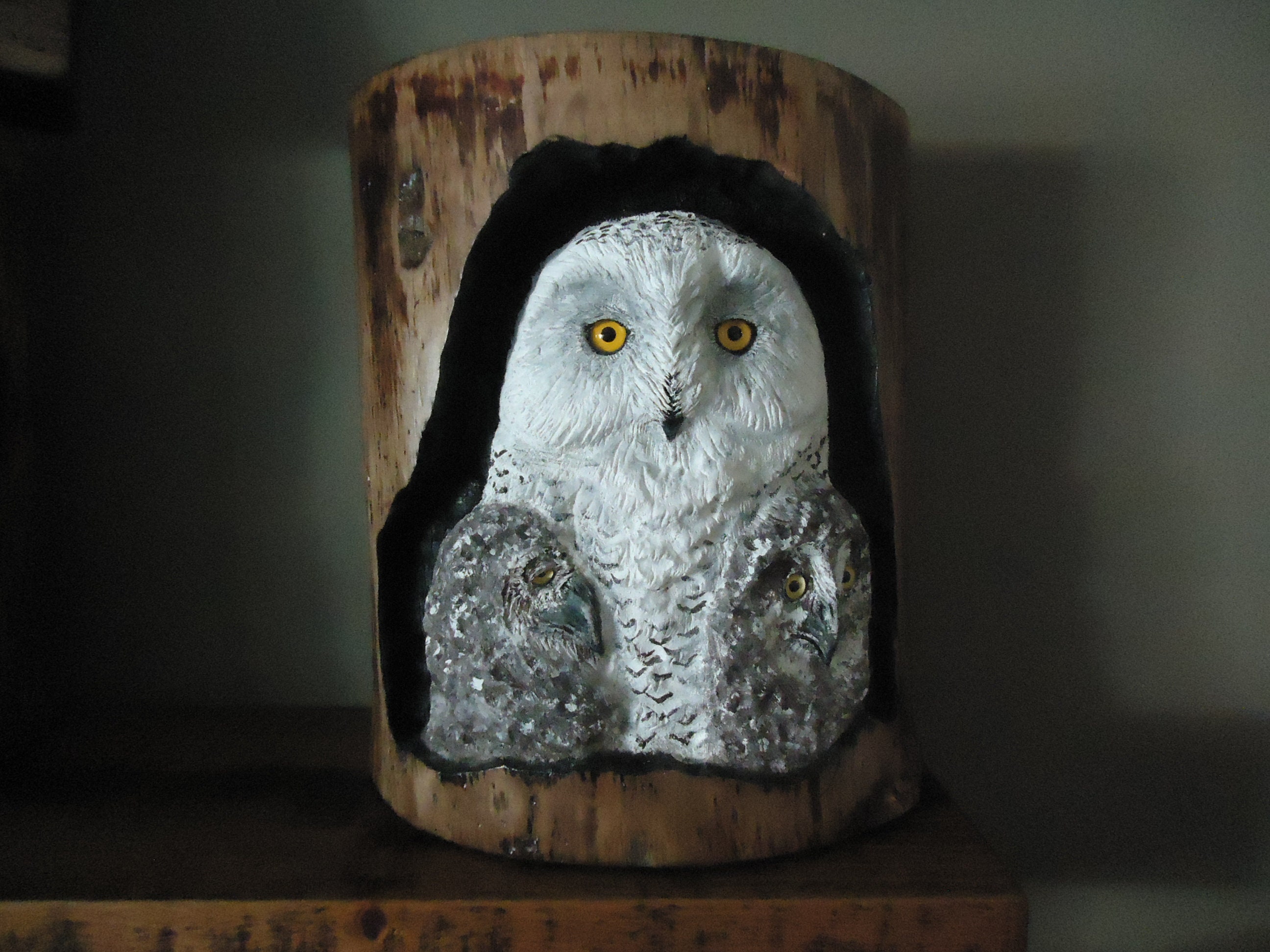Carved Snowy Owl w/ 2 Owlets, Rustic, Sculpture , Log , , Birthday Gift, Christmas