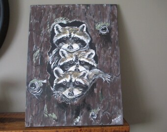 Hand Painted Canvas 18 x 24 , Original  3 Raccoons Peeking out of Tree, Cape Cod, Artwork, Gift