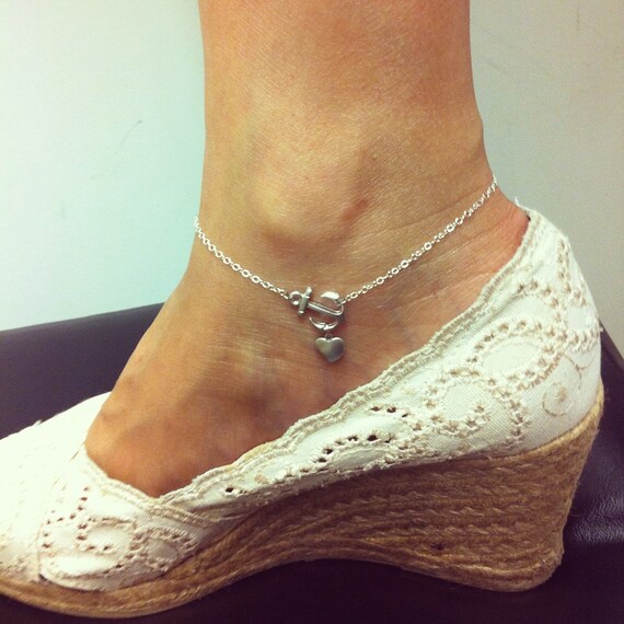Items similar to Sideways anchor with heart charm anklet sterling ...
