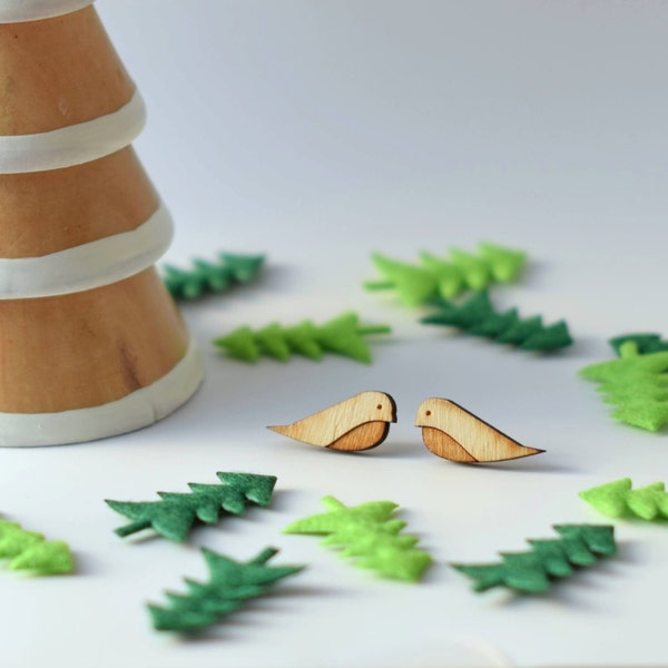 Wooden Robin Earrings