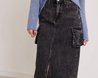 Longue Jupe Crayon Cargo en Denim Vintage Noir.