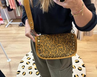 Leopard Suede Leather Baguette Bag.