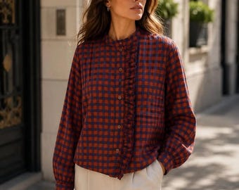 Blouse Dos Monté en Coton et Viscose Imprimé Vichy.
