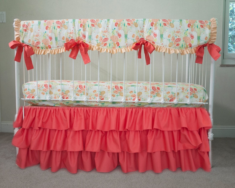 Bumperless Baby Girl Crib Cot Bedding made with Sweet Nostalgia Reminisce Fabric Antique Floral Emerald Mint Peach Cream Coral