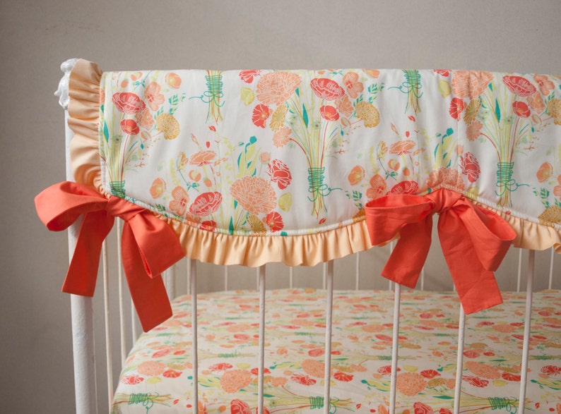Bumperless Baby Girl Crib Cot Bedding made with Sweet Nostalgia Reminisce Fabric Antique Floral Emerald Mint Peach Cream Coral