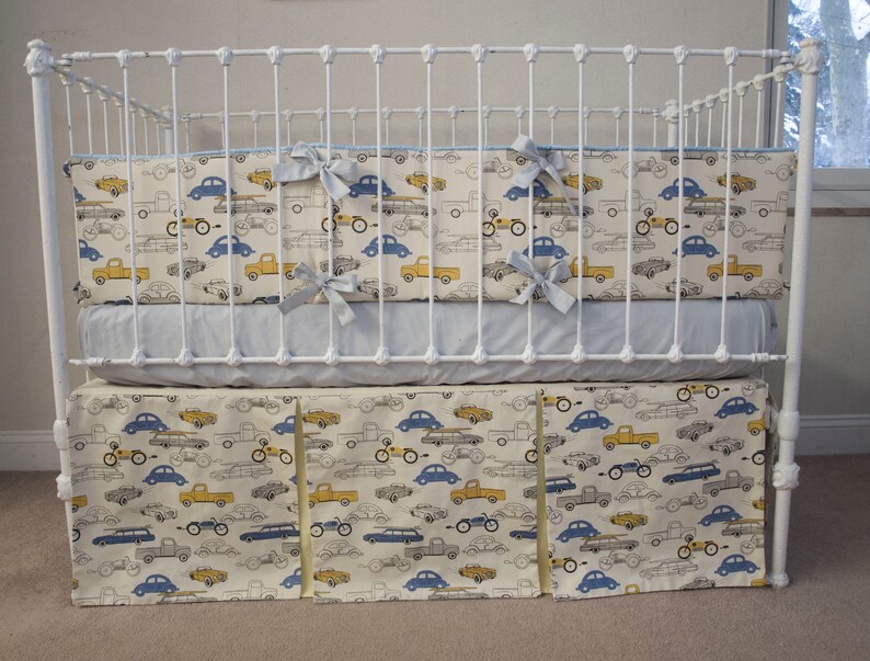 Baby Boy Crib Cot Bedding Vintage Nursery Retro Cars Yellow Gray Denim Blue Natural Colors
