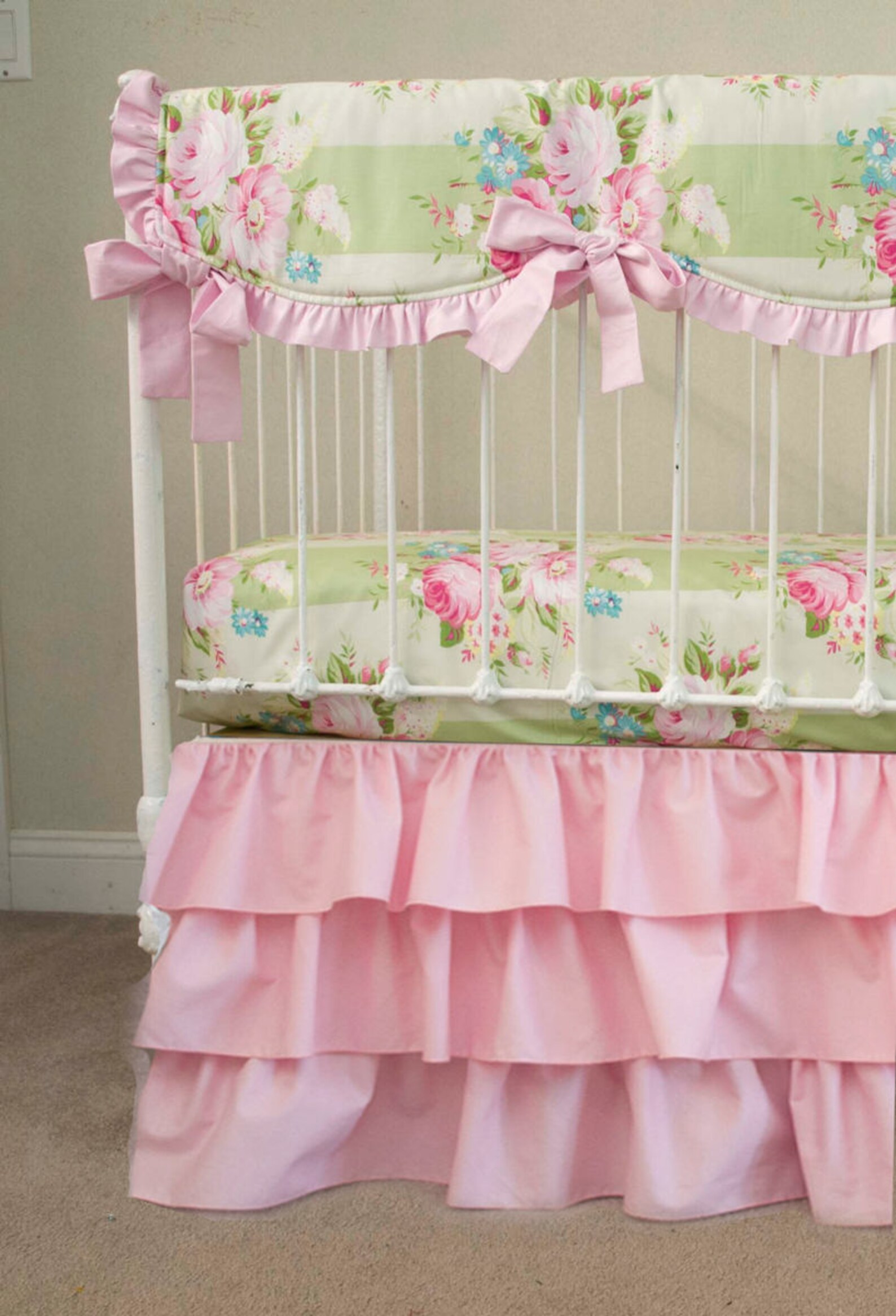 Floral Pink Green Baby Girl Crib Cot Bedding. Pink and Green Etsy