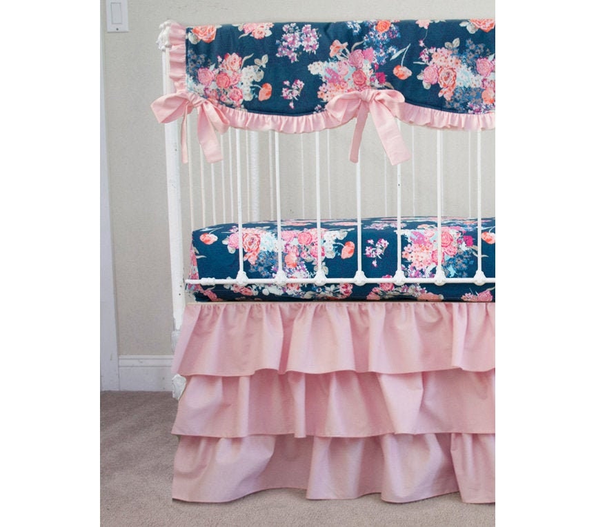 Baby Girl Bedding. Pink Navy Floral Bedding Nursery. Etsy