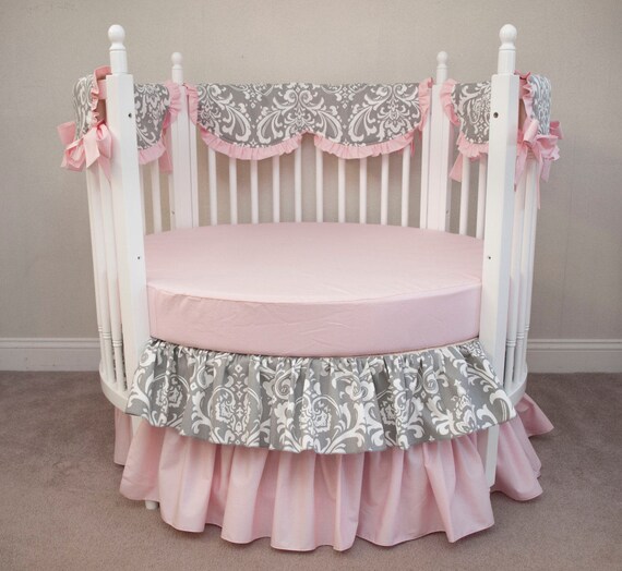 Gray White Damask Light Pink Baby Girl Round Crib Cot Bedding Etsy