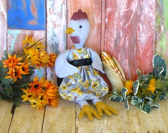 Chicken Cloth Hen Doll, Farmhouse Stuffed One of a Kind Fabric Bird, Folk Art Home Decor, Primitive Painted Rustic Chicken, Country Hen Gift