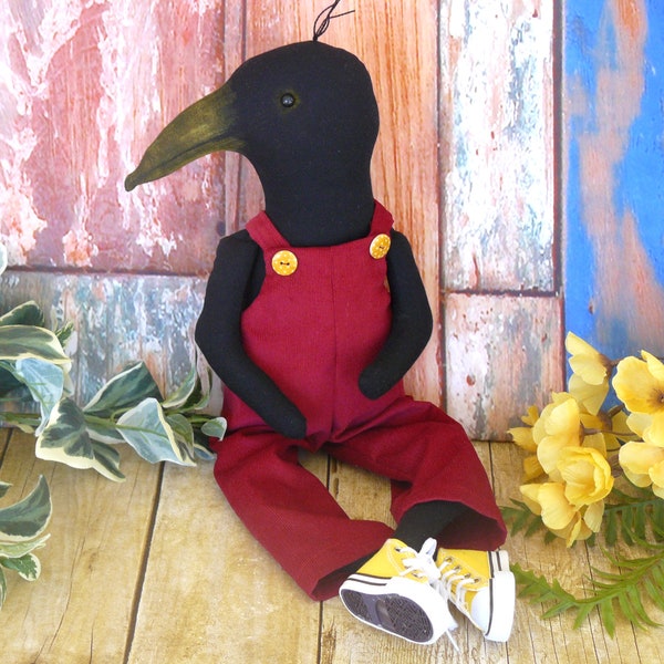 Stuffed Crow Raven Bird Doll, Black Farmhouse Cloth Crow, Prim Country Rustic Folk Art Home Decor Housewarming Unique Handmade Gift Her Him