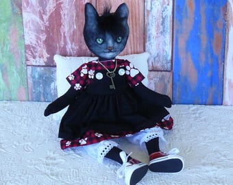 Handmade Black Cloth Cat Doll: Folk Art, Signed Sheila Kay Doll