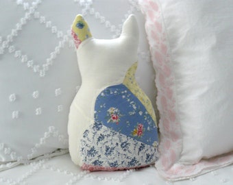 Quilted Cat Pillow: Upcycled Tattered Quilt, Farmhouse Chic Cushion