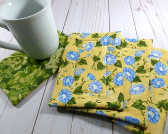 Floral Print Quilted Coasters: Cotton Mug Rug Set of 4