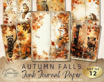 Autumn Junk Journal, Tall and Skinny Printable Kit, Fall-Themed Pages for Scrapbooking and Crafting11 x 8.5, JJ081 Set A