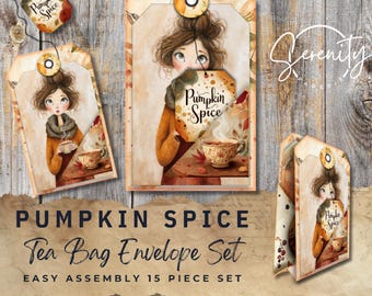 May include: A set of Pumpkin Spice tea bag envelopes. The design features an illustration of a woman holding a teacup and a sign that says "Pumpkin Spice". The text "Pumpkin Spice Tea Bag Envelope Set" is also visible.