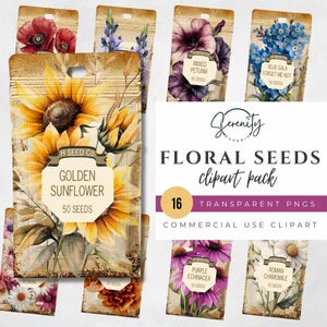 Vintage Seed Packet Clipart Pack - 16 PNGs - Transparent Background - Gardening Clipart CA005
