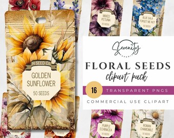 Paquete de imágenes prediseñadas de semillas vintage: 16 PNG, fondo transparente, imágenes prediseñadas de jardinería CA005