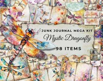Mystic Dragonfly Junk Journal Printable Kit – 98 Floral Papers, Tags & Ephemera Digital Download, Collage Sheet 11x8.5, JJ007