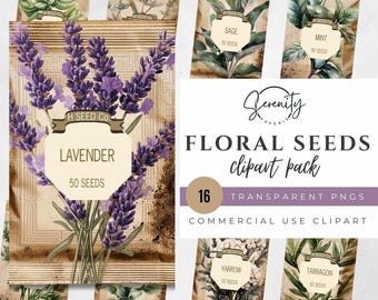 Paquete de imágenes prediseñadas de semillas vintage: 16 PNG, fondo transparente, imágenes prediseñadas de jardinería CA006