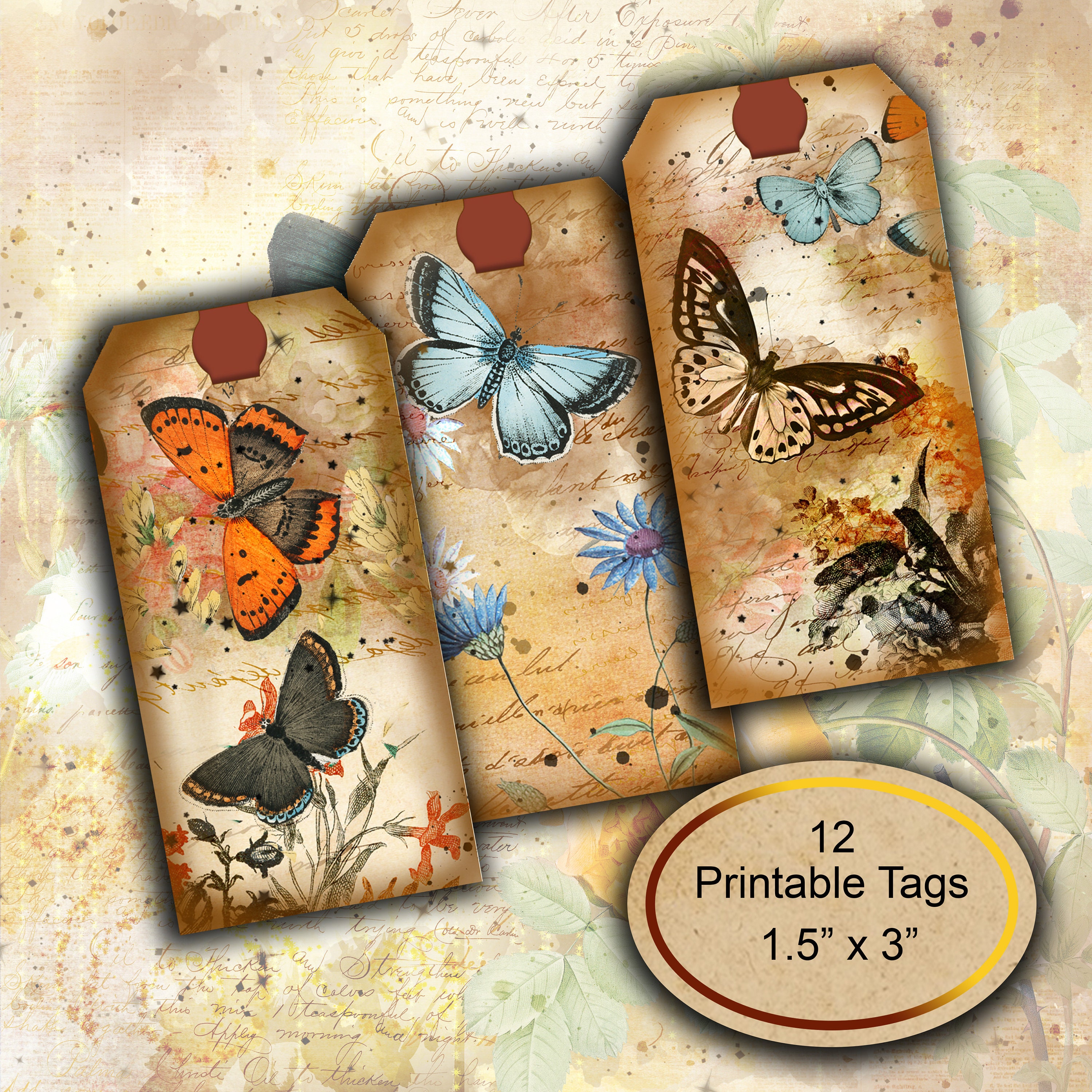 Vintage Butterfly Printable Gift Tags Digital Download Sheet Etsy