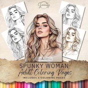 Spunky Woman Coloring Pages - Digital Download - Grayscale Black & White - Adult Coloring Pages