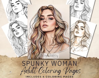 Spunky Woman Coloring Pages - Digital Download - Grayscale Black & White - Adult Coloring Pages