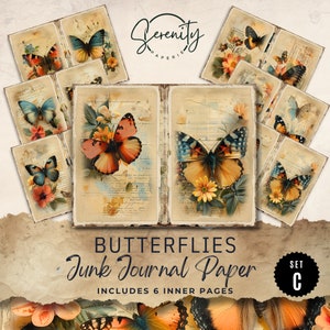 Butterflies Junk Journal Paper, Floral 6 Digital Journal Pages, Printable Ephemera, Paper Craft, Collage Sheet 11 x 8.5, JJ019C