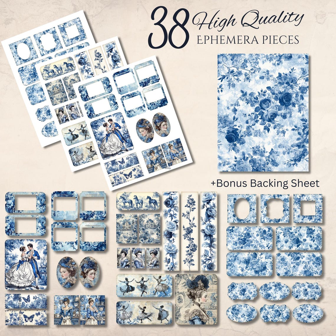 Blue Toile Junk Journal Ephemera Cards, 38 Mini Extras Pack, Printable ...