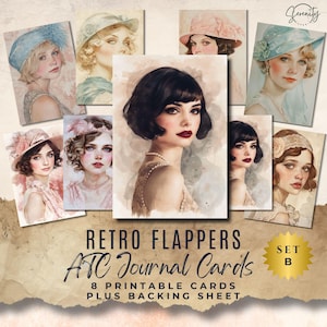 May include: A set of eight printable ATC (Artist Trading Card) journal cards featuring vintage flapper illustrations. The cards showcase portraits of women with bobbed hairstyles, wearing hats and pearl necklaces, in soft watercolor tones. The text "Retro Flappers ATC Journal Cards" is displayed.