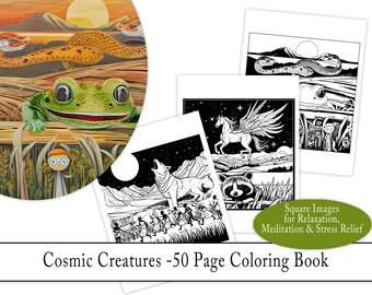 Cosmic Creatures 50 Coloring Pages Square Set - Relaxing Art Therapy for Mindfulness