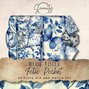 Blue Toile Junk Journal Folio Printable, 30 Piece Mix & Match Pockets, Ephemera and Tags, Printable Paper Craft 11 x 8.5, JJ022