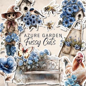 Junk Journal Kit Azure Garden Fussy Cuts Printable Ephemera, Blue Floral Scrapbook Paper 11x8.5  JJ063