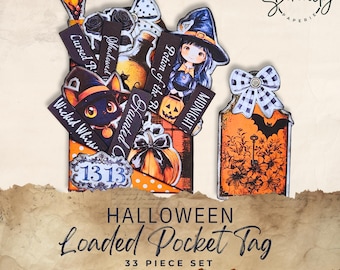 Halloween Loaded Pocket Tag Junk Journal Kit, Digital Ephemera, Vintage, Printable Journaling Embellishments, 11 x 8.5, JJ035