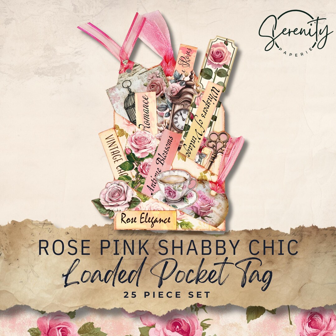 Rose Pink Shabby Chic Loaded Pocket Tag Junk Journal Kit, Digital ...