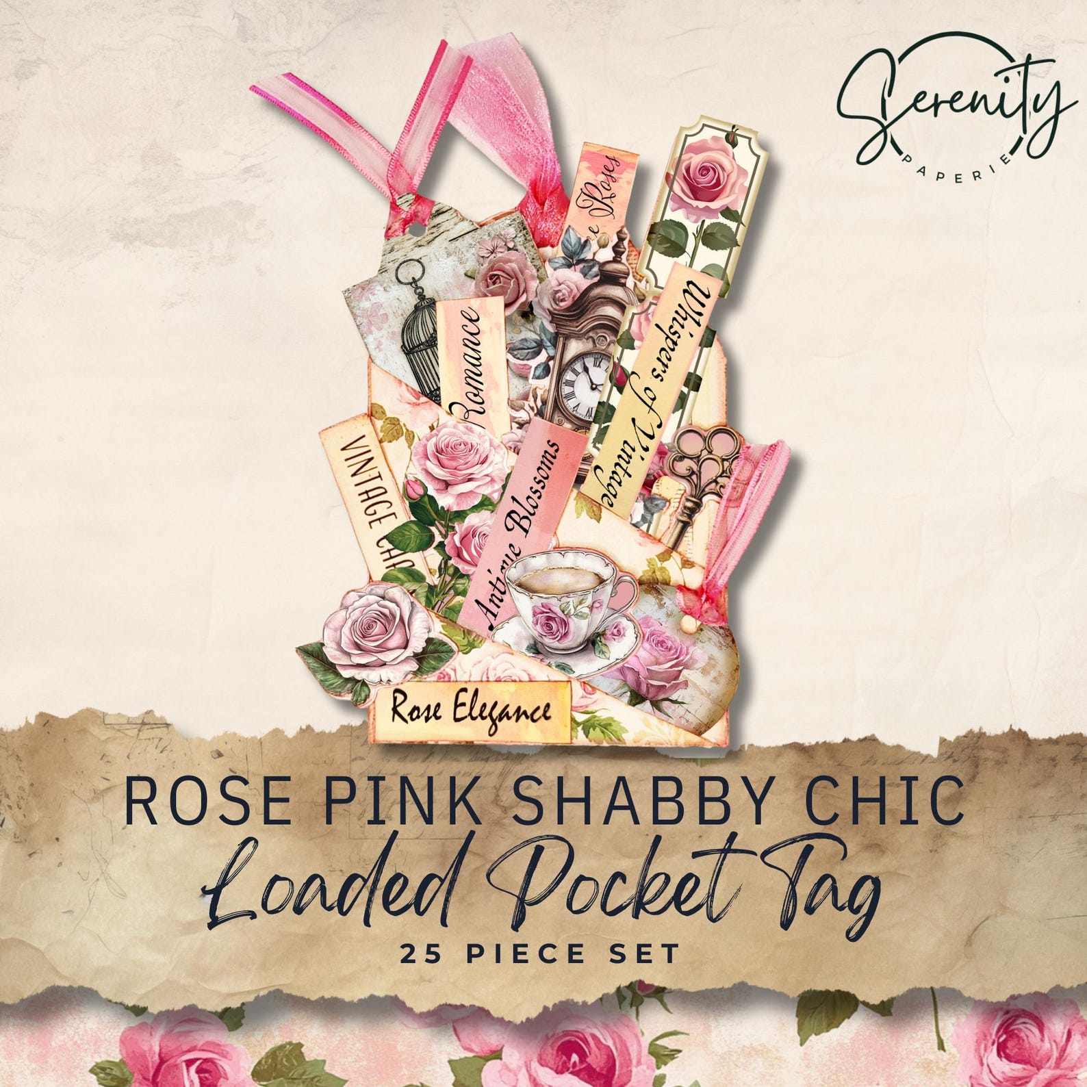 Rose Pink Shabby Chic Loaded Pocket Tag Junk Journal Kit, Digital ...