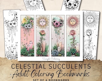 Celestial Succulents 4 Printable Coloring Bookmarks for Adult and Kids Coloring Pages Digital Download CP001