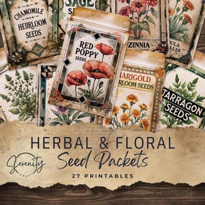 27 Seed Packets Junk Journal Tags - Digital Ephemera - Vintage Herbs and Floral Designs - Printable Crafting Supplies 11 x 8.5, JJ079