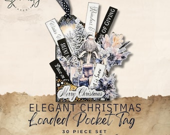 May include: A black and white pocket tag with a winter theme. The tag is decorated with a variety of embellishments, including a snowman, candles, and snowflakes. The text on the tag reads "Merry Christmas" and "Elegant Christmas Loaded Pocket Tag 30 Piece Set".