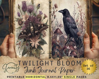 May include: An open book with vintage-style illustrations. One page features a moth with a skull design amidst flowers, the other a raven perched among mushrooms. The text reads "TWILIGHT BLOOM Junk Journal Paper". Printable, horizontal 8.5x11.05 inch single pages.