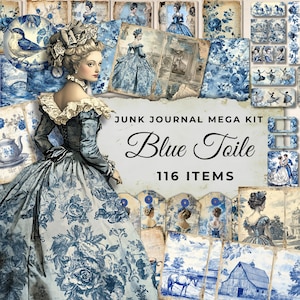 Blue Toile Junk Journal Kit - 116 Piece Floral Printable Papers, Tags, Ephemera, Digital Download, Collage Sheet 11 x 8.5, JJ022
