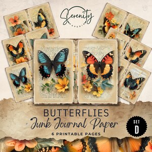 Butterflies Junk Journal Paper, Floral 6 Digital Journal Pages, Printable Ephemera, Paper Craft, Collage Sheet 11 x 8.5, JJ019D