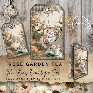 May include: A vintage-style tea bag envelope set with a floral design, featuring the text "Rose Garden Tea". The envelopes depict teacups and roses. The set includes 15 pieces and is easy to assemble. The overall theme is a rose garden.